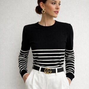 Black & White Striped Crewneck Sweater by Gucci Belt Styled